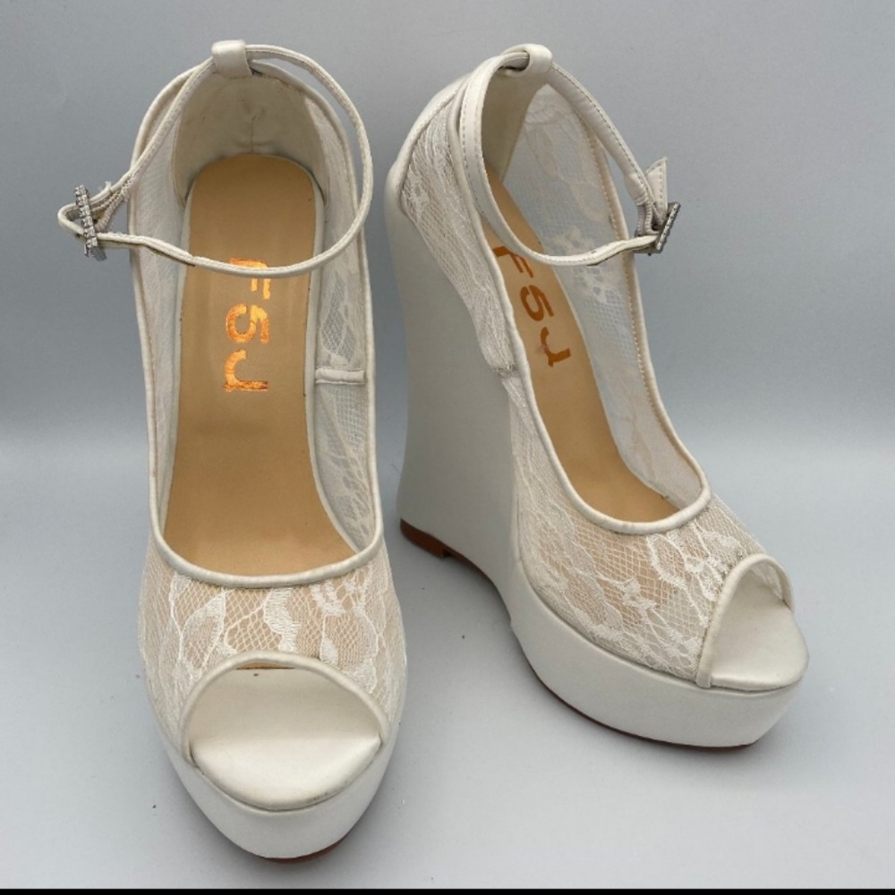 FSJ White Lace Ankle Strap Peep Toe Wedge Pumps